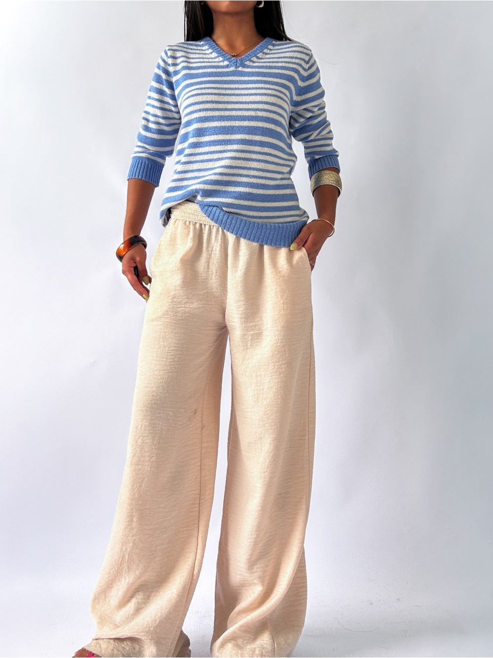 Women’s Striped V-Neck Long Sleeve Tee in Light Blue & White